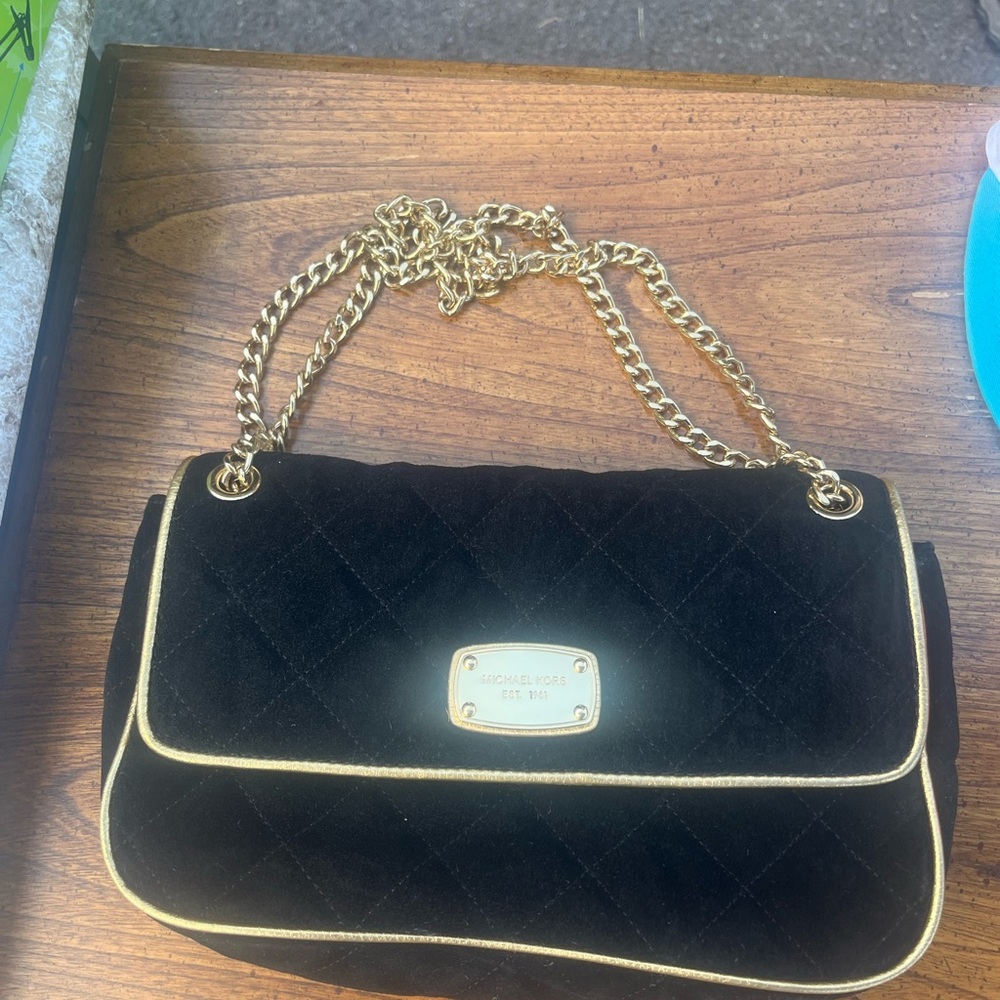 Michael Kors Black Quilted Shoulder Bag with Gold Accents